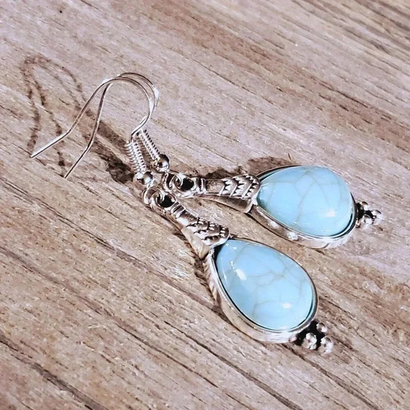 Tribal Style Teardrop Turquoise Stone Silver Dangle Earrings - Picture 1 of 6